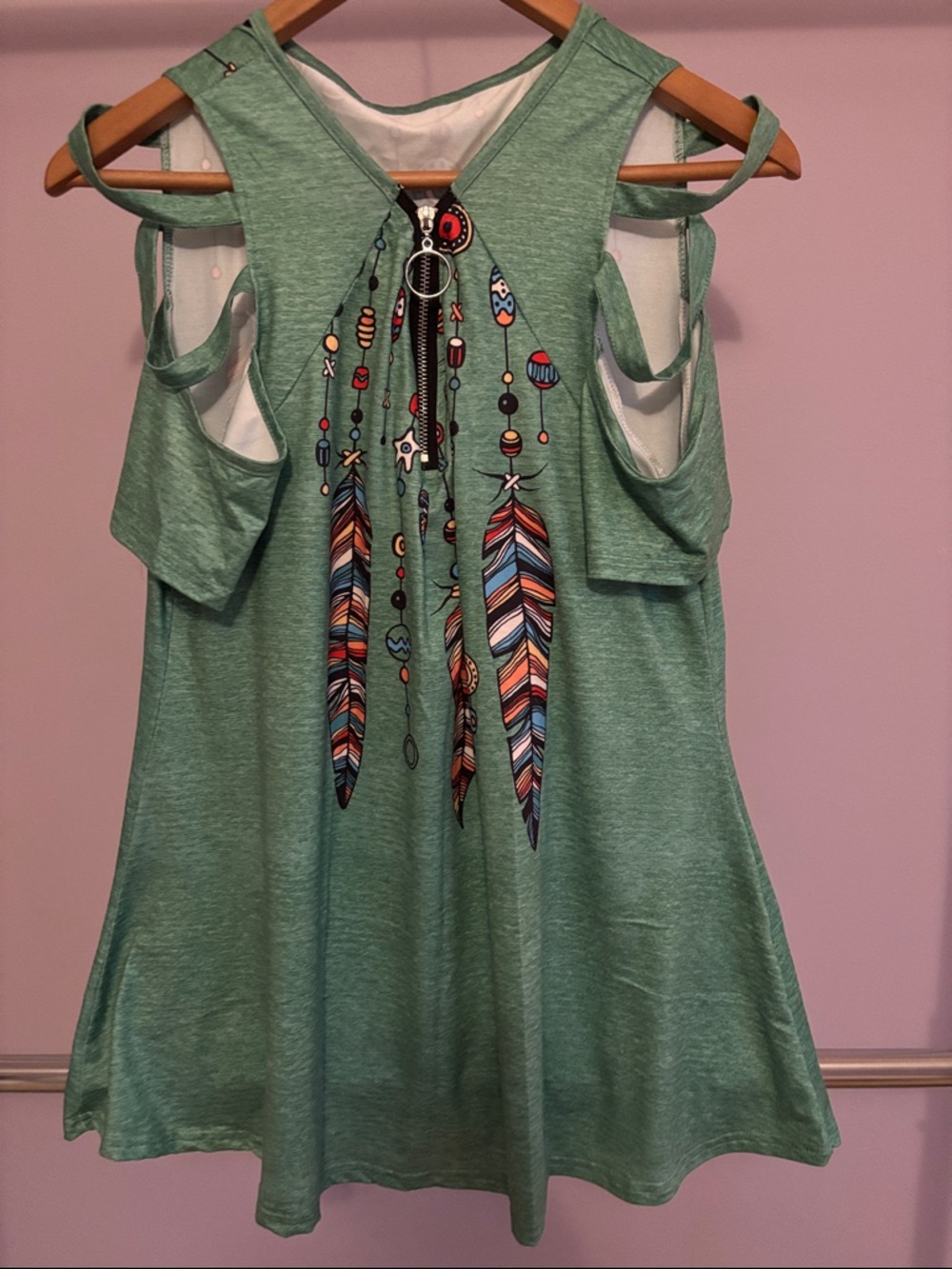 Green Feather-Print Cut-out Shoulder Sleeves Women's Large Tunic - Picture 2 of 6